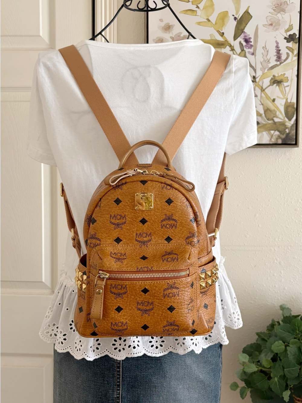 MCM Cognac Visetos Mini Backpack with Gold Studs